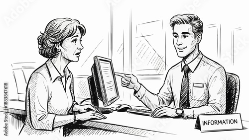 Man points to computer screen explaining information to woman.