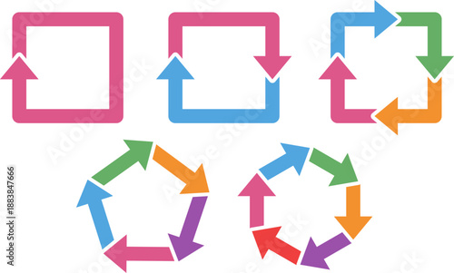 多角形の循環矢印セット｜カラフルなフローチャート・プロセス図アイコン　Colorful Polygon Cycle Arrows Set – Process and Flow Diagram Icons
