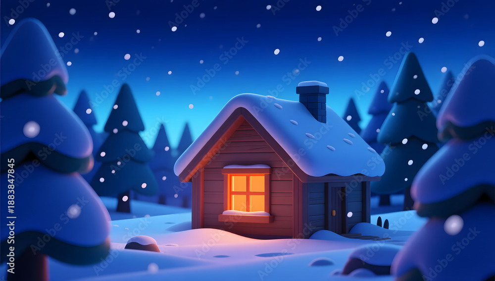 Naklejka premium Warm orange light from a forest house in snow night