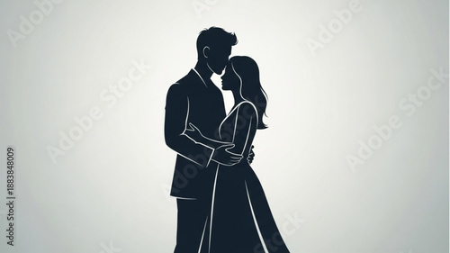 Silhouette of a couple embracing on their wedding day.