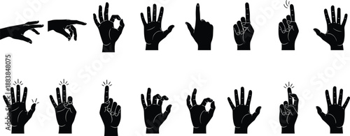 Collection, of, black, silhouettes, featuring, diverse, hand, gestures, with, pointing, fingers, okay, sign, open, palms, for, communication, and, interface, design.