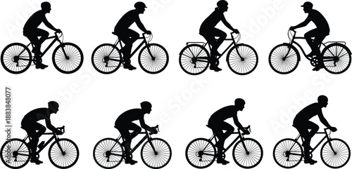 Collection, of, black, silhouettes, featuring, diverse, male, and, female, cyclists, riding, road, and, mountain, bikes, for, sports, fitness, and, transportation.