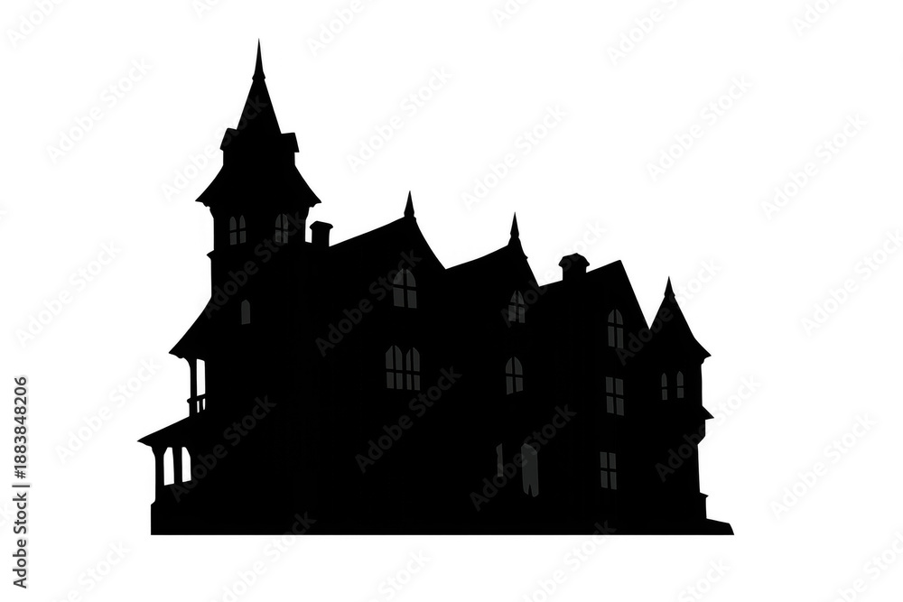 Fototapeta premium Haunted house silhouette for halloween, spooky gothic mansion architecture, scary fear and mystery concept on transparent background