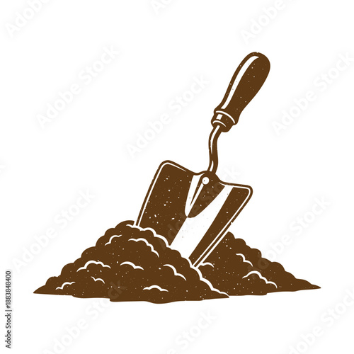 Drawing Vintage grunge  texture brown trowel sticking in a pile of dirt on white background