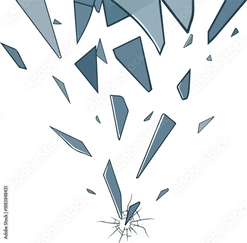 Dynamic abstract illustration capturing the powerful moment of shattering glass fragments dispersing rapidly, symbolizing impact and rupture