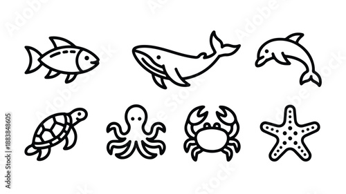 Ocean and Marine Ecosystem Vector Icons: Sea Life and Underwater Elements, Flat Design