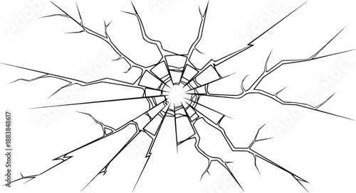 Vector illustration of a shattered glass effect, featuring intricate radial cracks and a clear impact point on a transparent surface