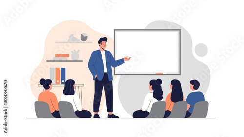 Business Meeting Presentation Audience Listening To Speaker At Whiteboard