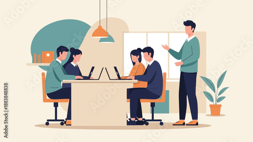 Business Meeting Flat Design: Team Collaboration in Modern Office