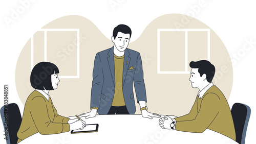 Business meeting illustration: diverse team collaborating around a table in an office