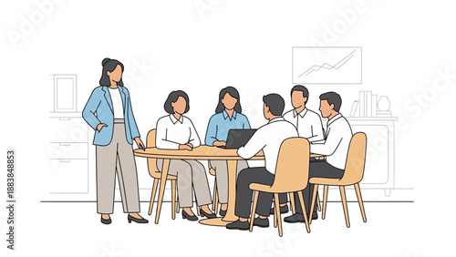 Business meeting illustration: diverse team collaborating around a table with laptop