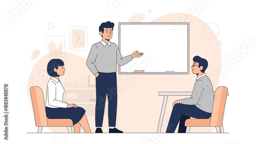 Business meeting illustration: man presenting to colleagues in office