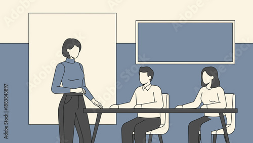 Business Meeting Illustration: Presentation, Teamwork, and Discussion