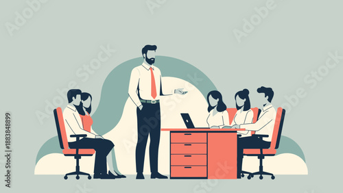 Business meeting illustration: presenter leading team discussion around a table