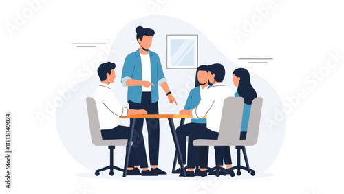 Business meeting illustration with diverse team collaborating around table