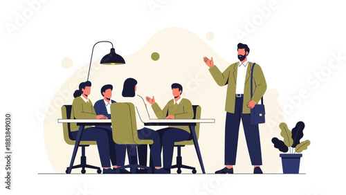 Business meeting illustration with diverse team collaborating in modern office