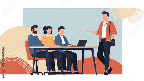 Business meeting illustration with presenter and colleagues at desk with laptop