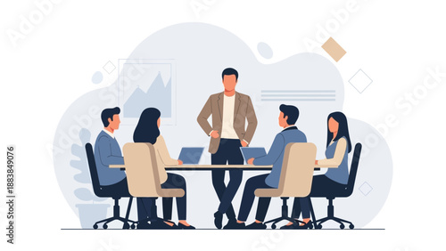 Business meeting in modern office, team collaboration, leader standing