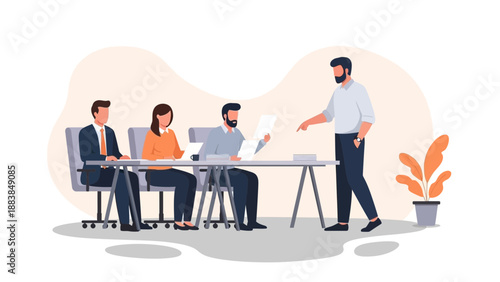 Business meeting in office, team collaboration, presentation, discussion