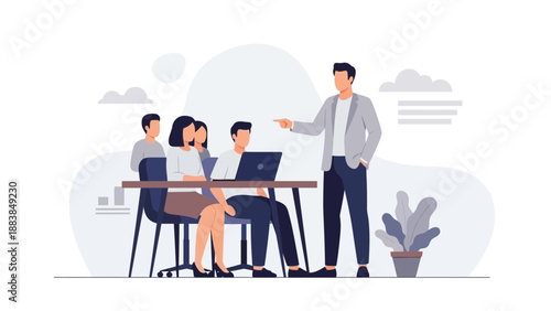 Business meeting: man pointing, colleagues listen at desk with laptop