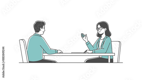 Business Meeting: Two People Discussing Ideas at a Table, Vector Illustration