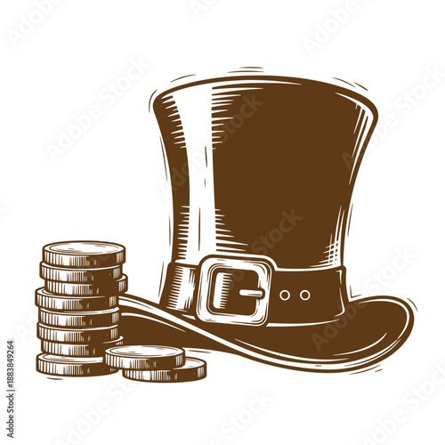 Drawing Vintage grunge  texture Brown top hat with buckle and coins on white background  symbol of wealth and luxury