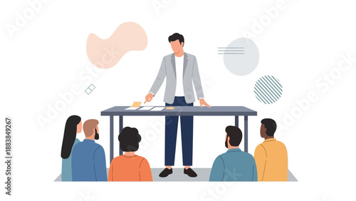 Business meeting: Manager leading team discussion at table, modern flat illustration