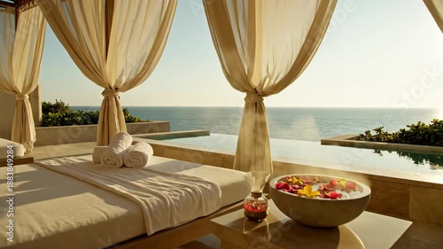 Wallpaper Mural Serene spa treatment room with a massage bed, flower petal bowl, and ocean view through sheer curtains in a luxurious outdoor setting. Torontodigital.ca
