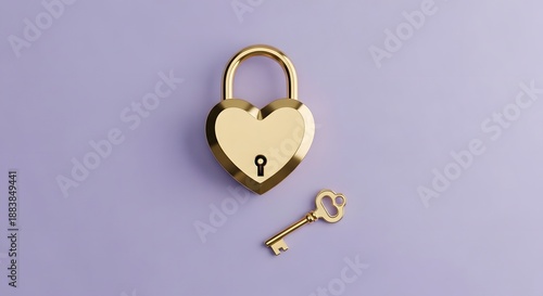 Golden heart shaped lock and key on purple surface viewed from above