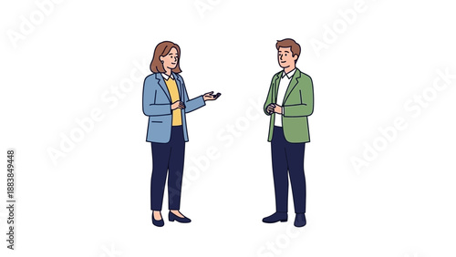 Business Meeting: Two Professionals Discussing Ideas on White Background