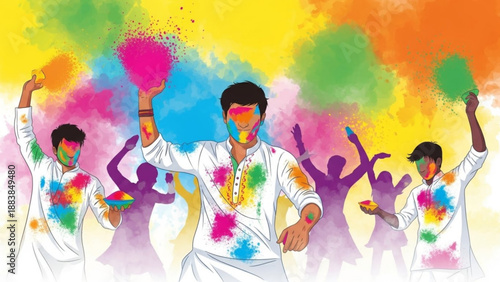 Vibrant Holi festival celebration with people throwing colorful powders joyful cultural event illustration for festive backgrounds and design