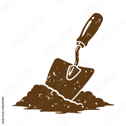 Drawing Vintage grunge  texture Brown trowel with handle on pile of dirt or soil on white background