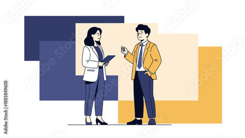 Business Meeting: Two professionals discussing work on a tablet, modern flat design.