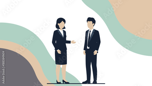 Business Meeting: Two professionals in suits discussing ideas with abstract background