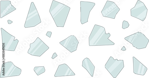 Abstract collection of sharp, scattered broken glass fragments, depicting fragility and potential danger