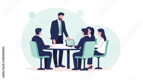 Business meeting with a team around a table, discussing a project on a laptop.