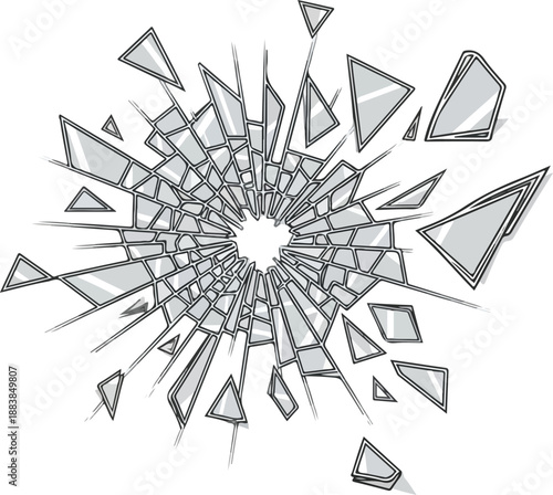 Dynamic illustration of a shattering glass effect with radiating fragments from a central impact point