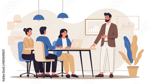 Business meeting with diverse team collaborating around table, presentation