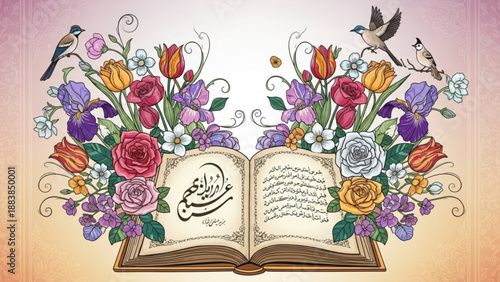 Open book with blooming flowers and birds symbolizing knowledge and natures beauty perfect for spring or literary themes