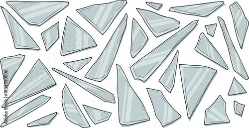 Abstract Collection of Transparent Shattered Glass Fragments, Depicting Damage and Fragility