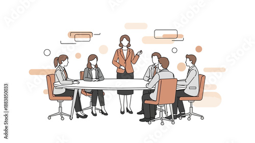 Business meeting with leader at table, presentation, teamwork, illustration