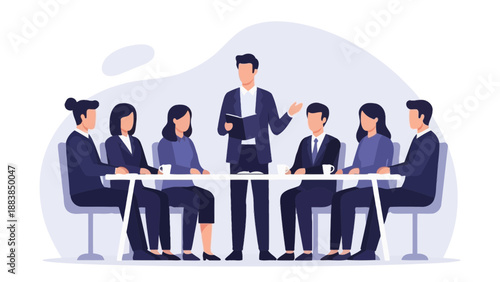 Business meeting with leader presenting ideas to diverse team around a table