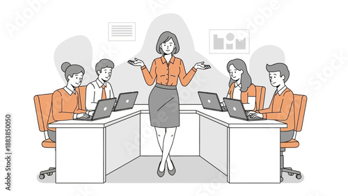 Business meeting with leader presenting to team around a table with laptops