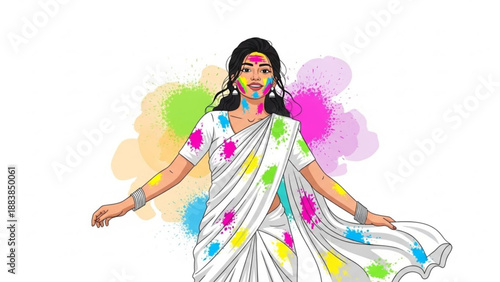 Young Indian woman celebrating Holi festival with colorful powder traditional white saree adorned with vibrant splashes concept of joy and cultural celebration