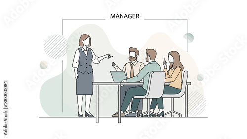 Business meeting with manager leading discussion, modern office team collaboration