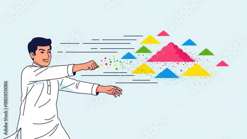 Man throwing colorful powder celebrating Holi festival with vibrant pigments concept of joy and tradition isolated on light background