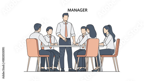 Business meeting with manager leading team discussion around table