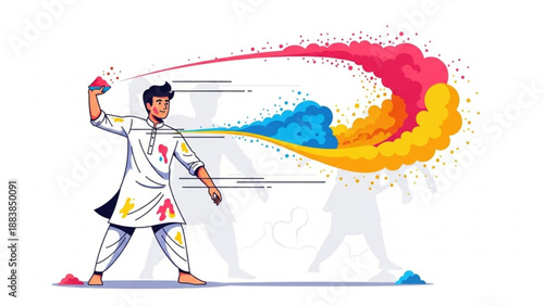 Man throwing colorful powder paint during Holi festival vibrant celebration concept with abstract splashes and graphic elements isolated on white background
