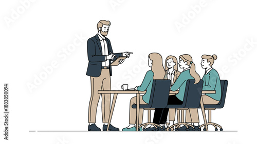 Business meeting with male presenter and female team at table, illustration