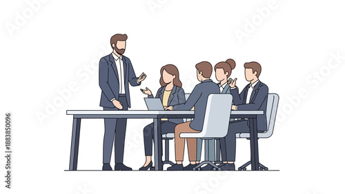 Business meeting with leader presenting to team around conference table